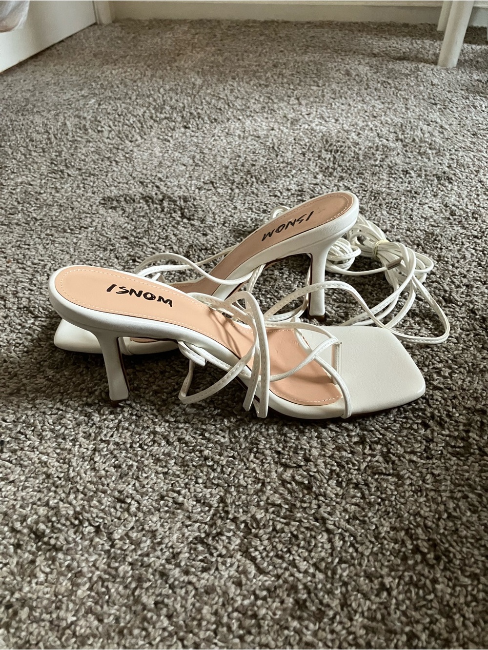 Amazon White Strap Up Square-Toe Heeled Sandals